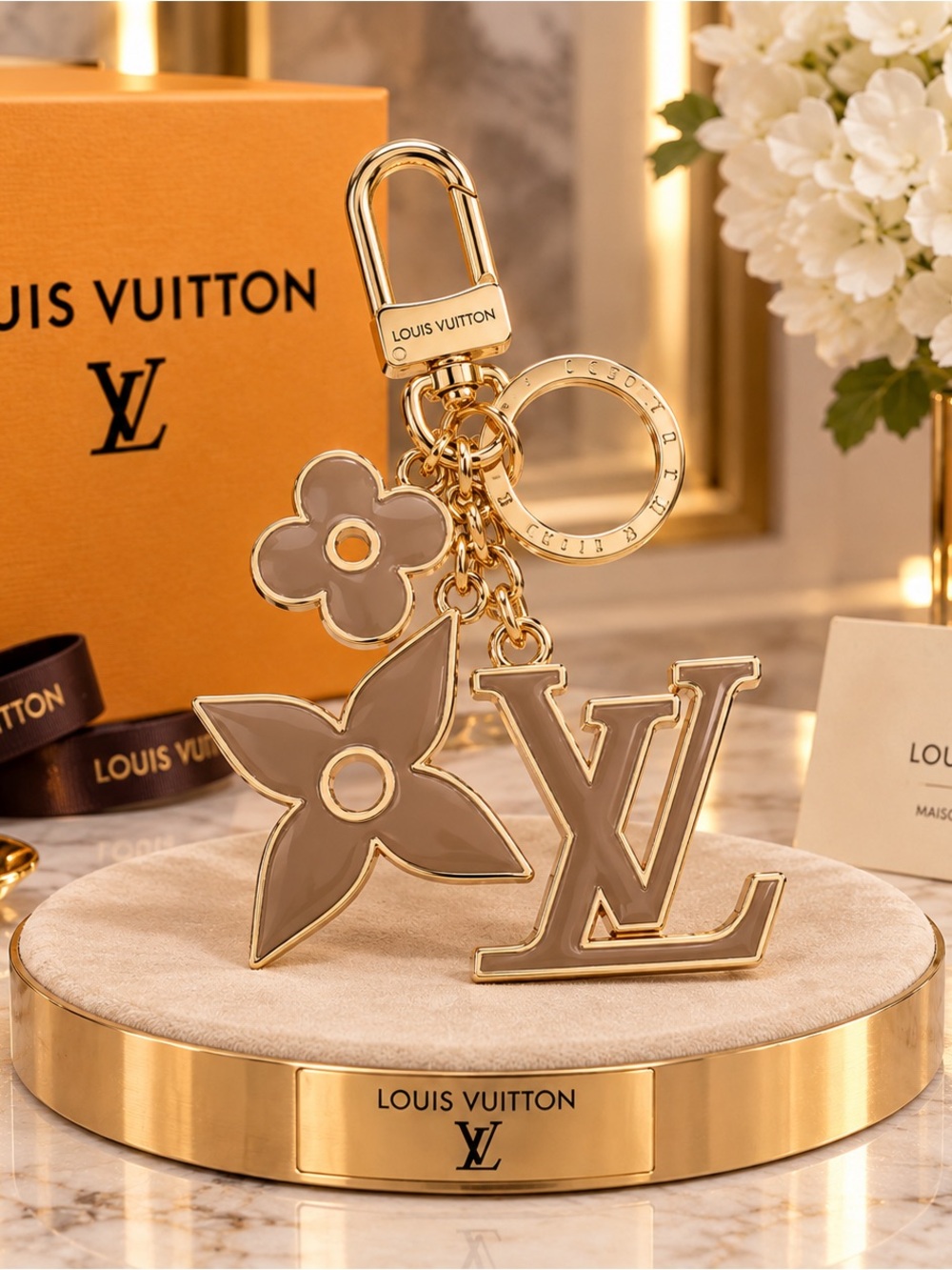 Sold
As unbranded Taupe and Gold Monogram Key Charm
